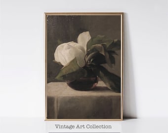 Printable Still Life Magnolia Flower Oil Painting, Digital Large Wall Art, Vintage Botanical Aesthetic Room Decor, Victorian Floral Print