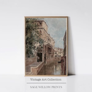 Printable Venice Canal Painting, Vintage Neutral Italy Wall Art, European Room Decor Antique Cityscape Print, Aesthetic Digital Download