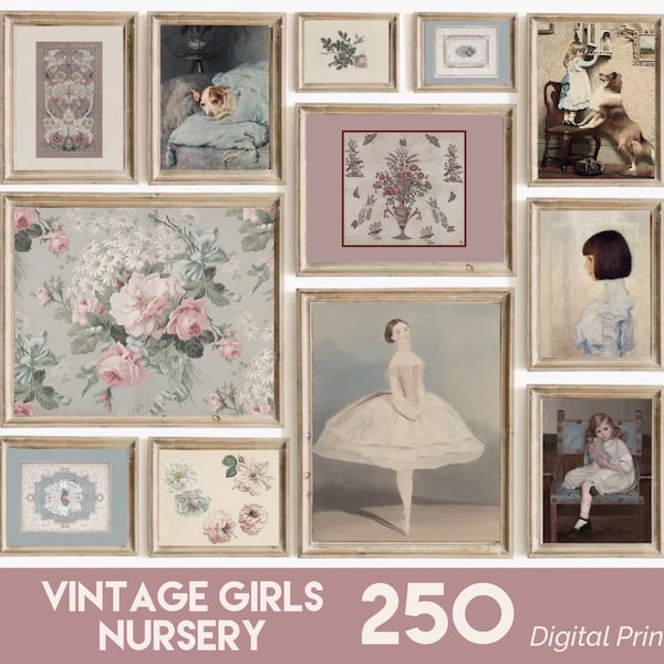 250 Vintage Nursery Art Prints Set, Rustic Girls and Baby Room Pastel Tones Decor, BUNDLE Paintings, Digital Download Printable Wall Art