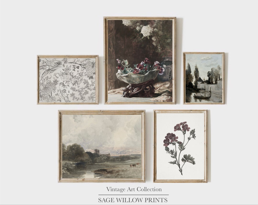 Vintage French Country Wall Art Set of 5 Prints, Printable Antique