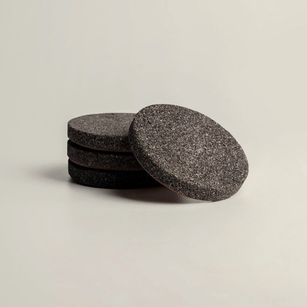 Lava Stone Coaster Set, Round, Black with Leather Base (Set of 4)