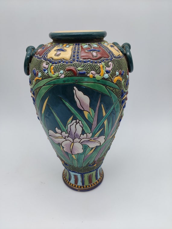 Antique Japanese Ceramic Vase Heavy Moriage Iris Flowers Hand Etsy