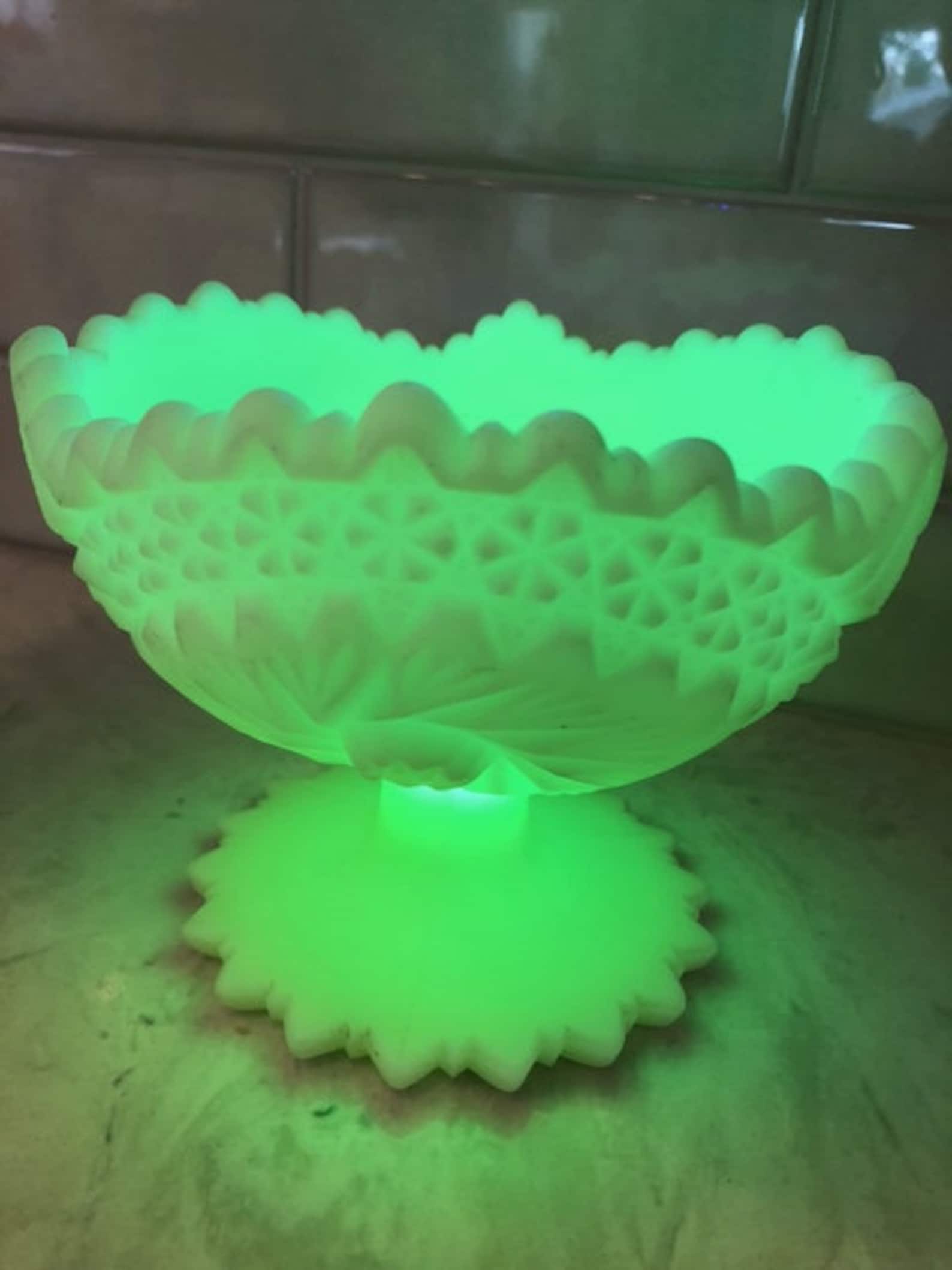 Fenton Uranium Bowl Satin Custard Glass Pedestal Bowl Uranium Etsy
