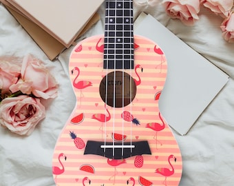 Painted Concert Ukulele 23” Beginner’s Kit (Flamingo)