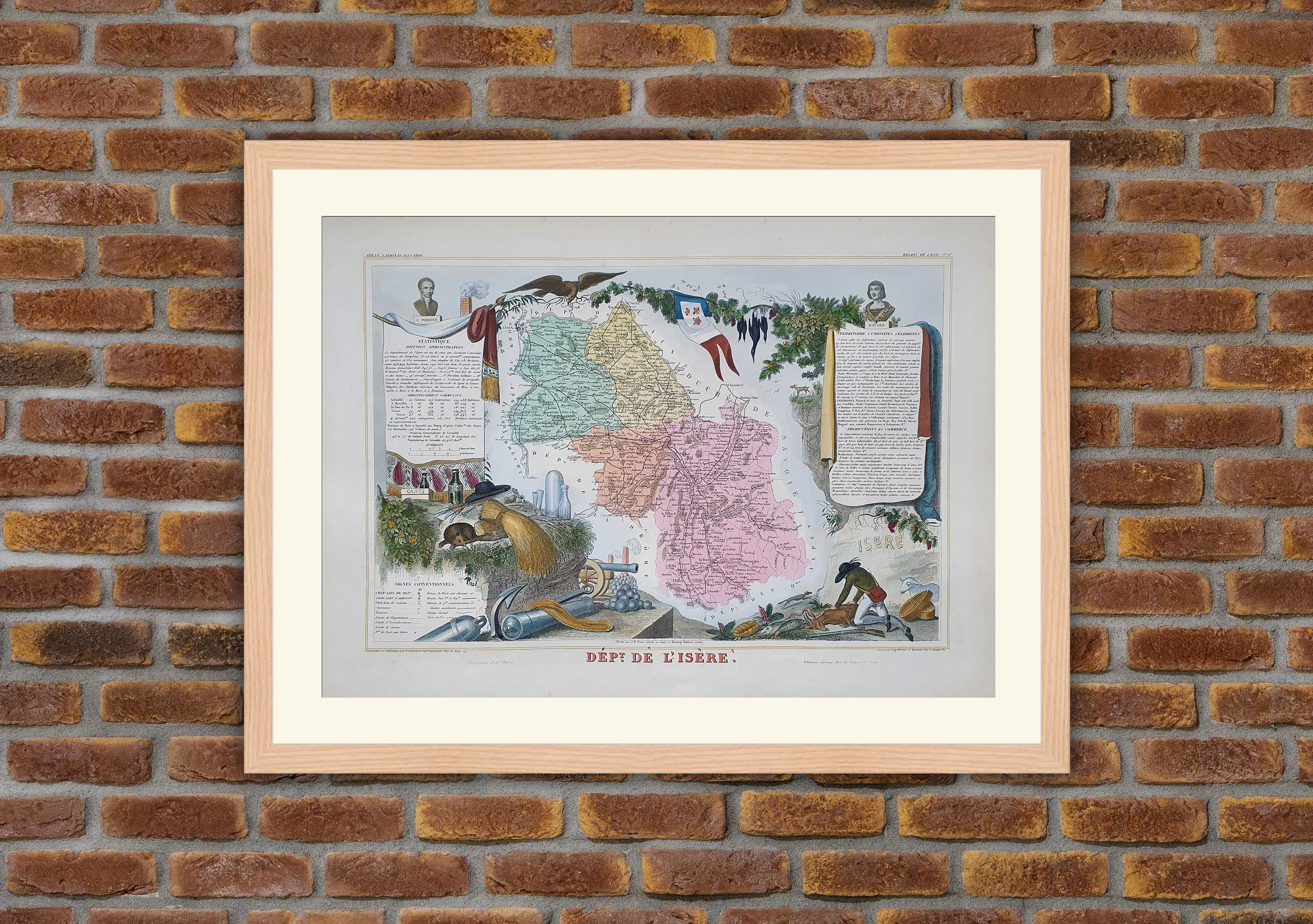 Carte Département Français - Isère Gravure Couleurs 1850 Atlas National Levasseur