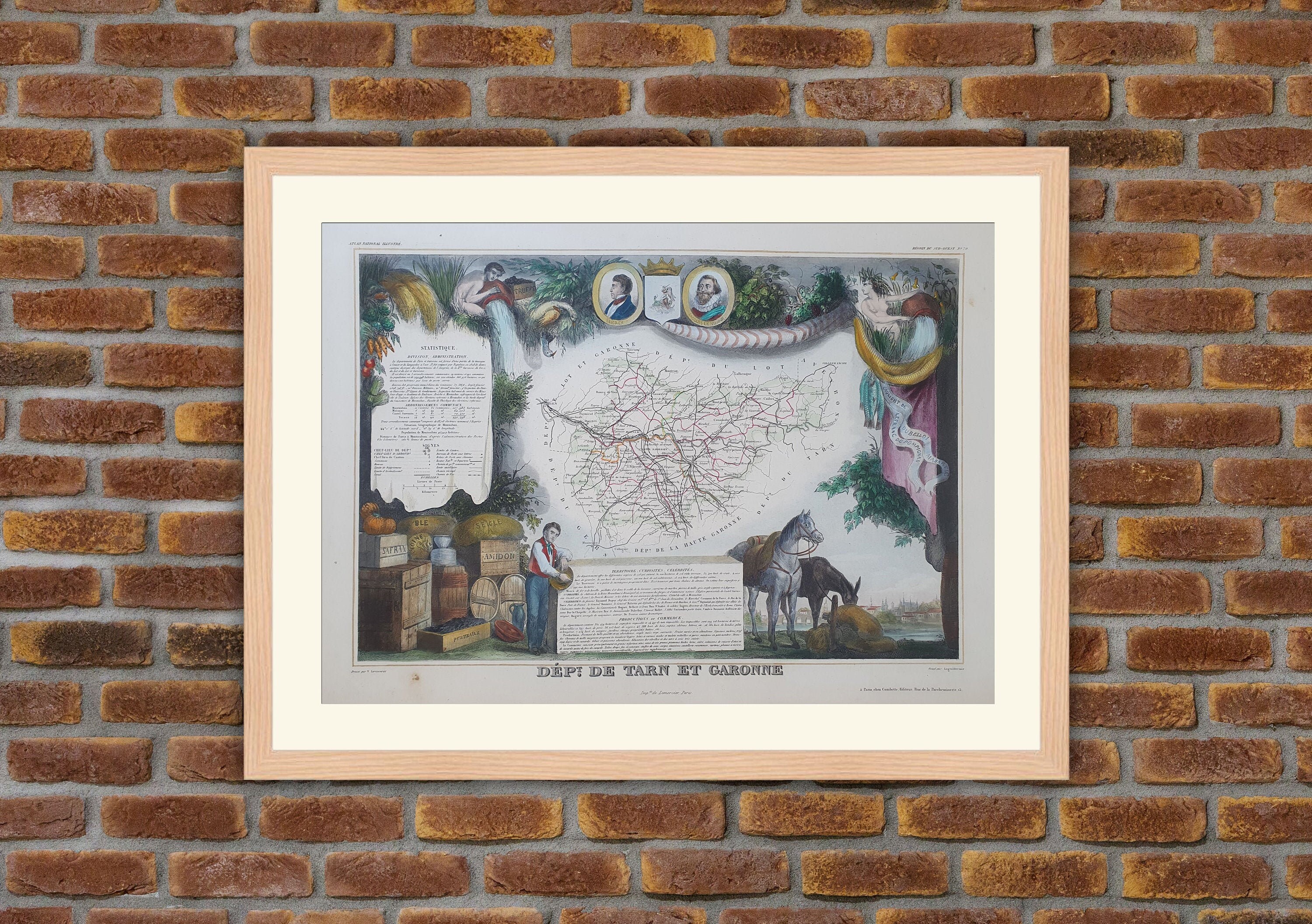 Carte Département Français - Tarn et Garonne Gravure Couleurs 1850 Atlas National Levasseur