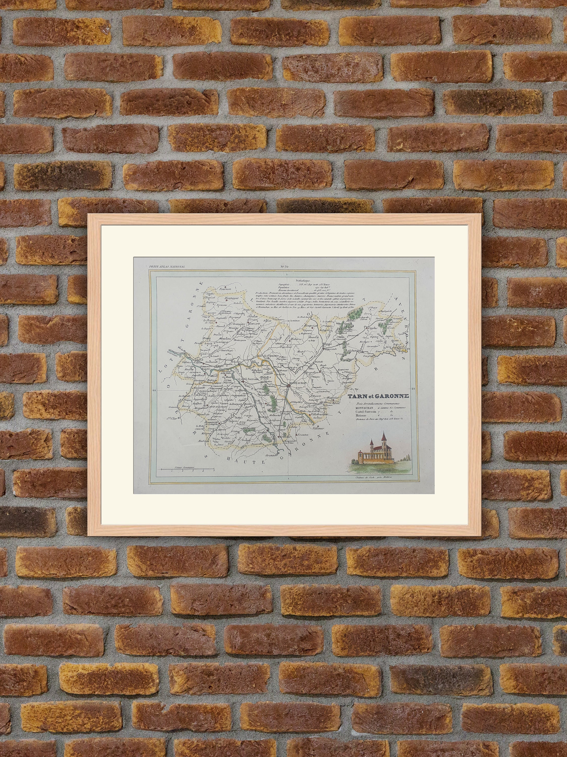 Carte de Département Français - Tarn et Garonne Gravure Couleurs 1833 Monin