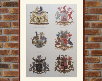 1880 Dutch heraldry [Houses: Van Hoëvell en van Hövell, Hoeven, Hogguer, Holmberg de Beckfelt, Holthe, Hompesch-Rürich] lithograph