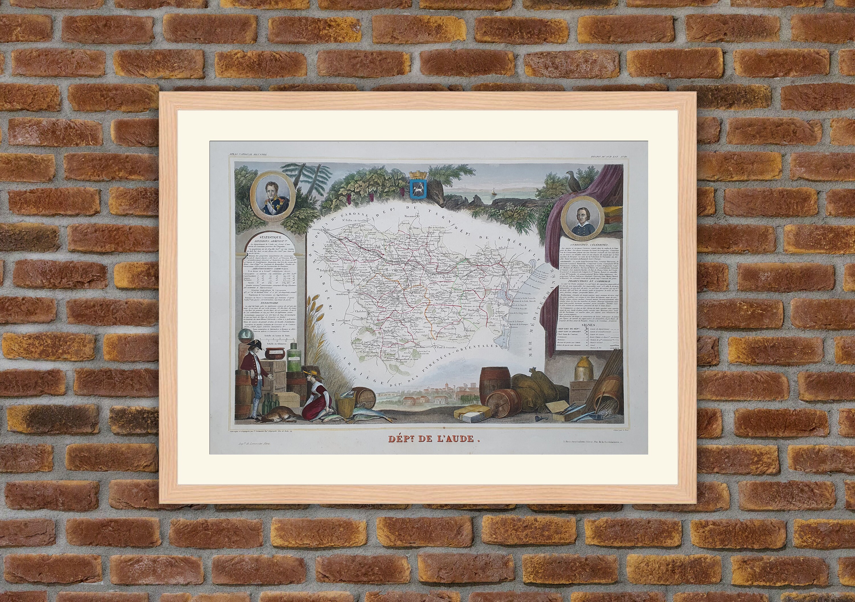 Carte Département Français - Aude Gravure Couleurs 1850 Atlas National Levasseur