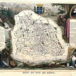 Op de afbeelding: Antieke kaartafdruk van de regio Puy-de-Dôme in Frankrijk, met gedetailleerde cartografie, landschapsillustraties en historische figuren. De kaart wordt omlijst door decoratieve elementen, waaronder een wapenschild en diverse objecten.