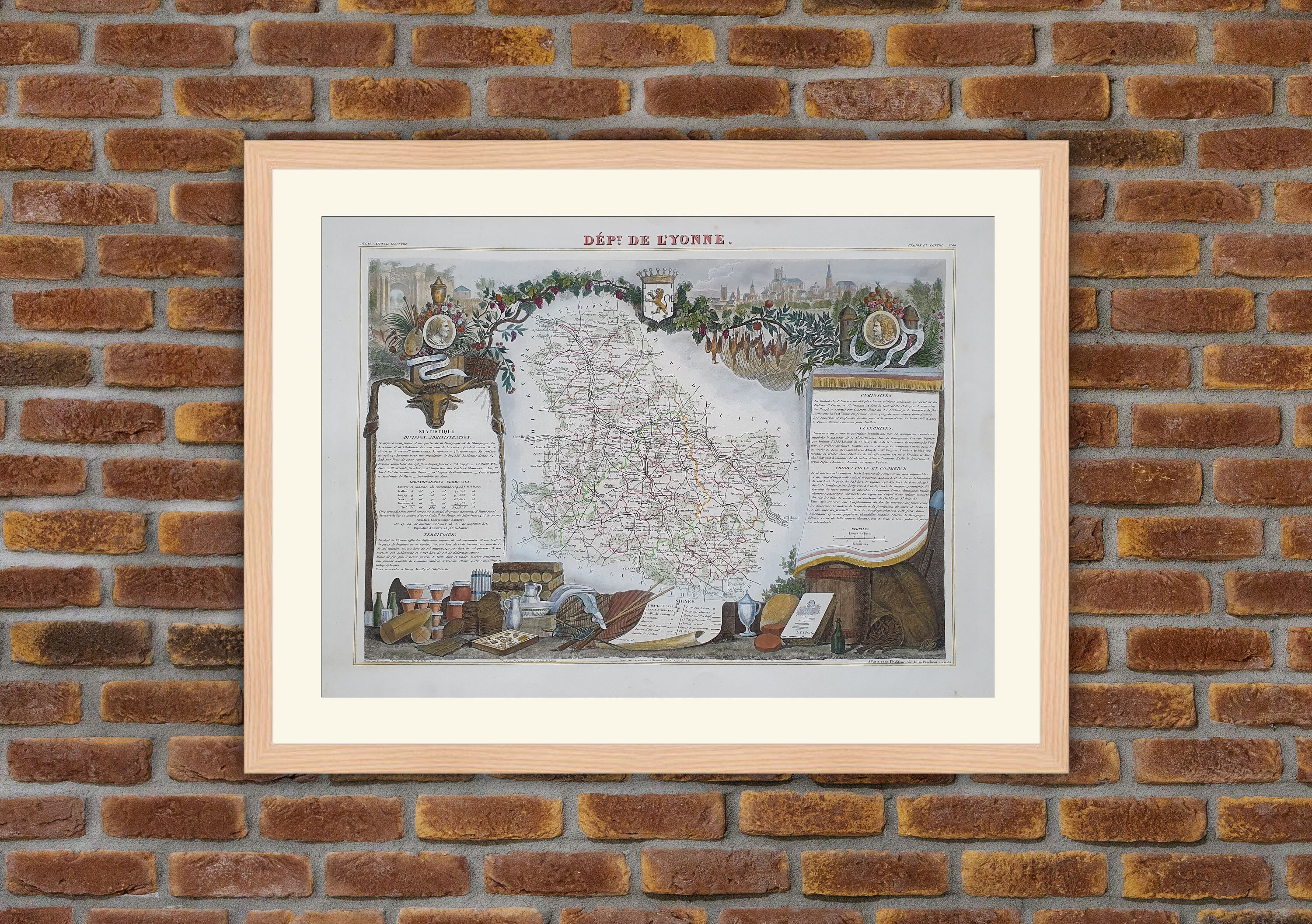 Carte Département Français - Yonne Gravure Couleurs 1850 Atlas National Levasseur