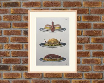 1872 colored engraving - 213 Tranche de saumon à la royale, 214 Dinde froide à la parisienne...  - U. Dubois La Cuisine Classique