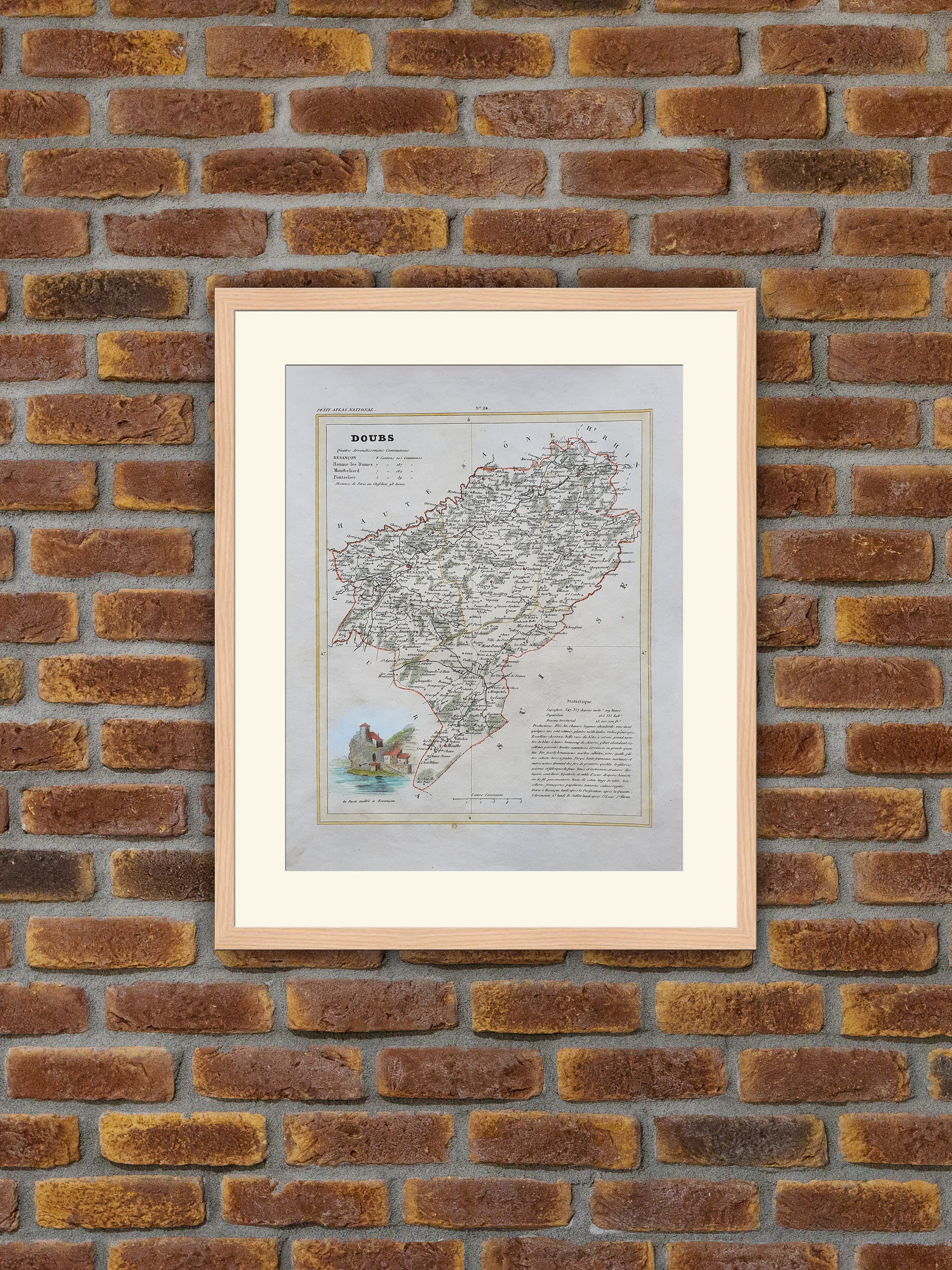 Carte de Département Français - Doubs Gravure Couleurs 1833 Monin