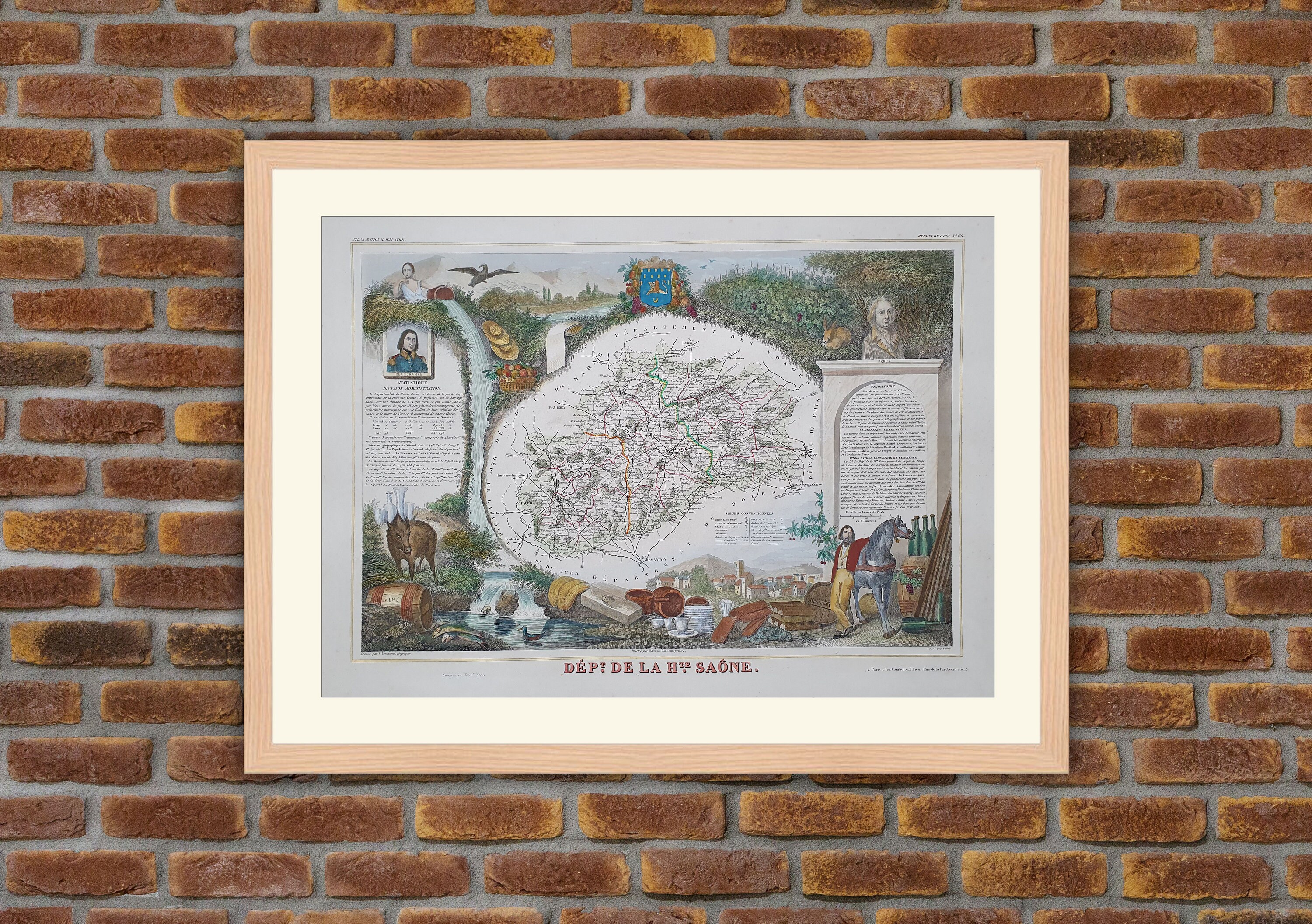 Carte Département Français - Haute-Saône Gravure Couleurs 1850 Atlas National Levasseur