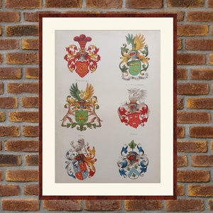 1880 Dutch heraldry [Houses: Romswinckel, van Ryckevorsel, Smits, Swaan, Vos de Wael, van Walré] lithograph Vorsterman Van Oijen