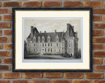 1864 Lithograph - French Castles - Château de Saint-Amand (Nièvre) - V. Petit, Architecture - 21.7x15.2in - Decoration, Large Prints