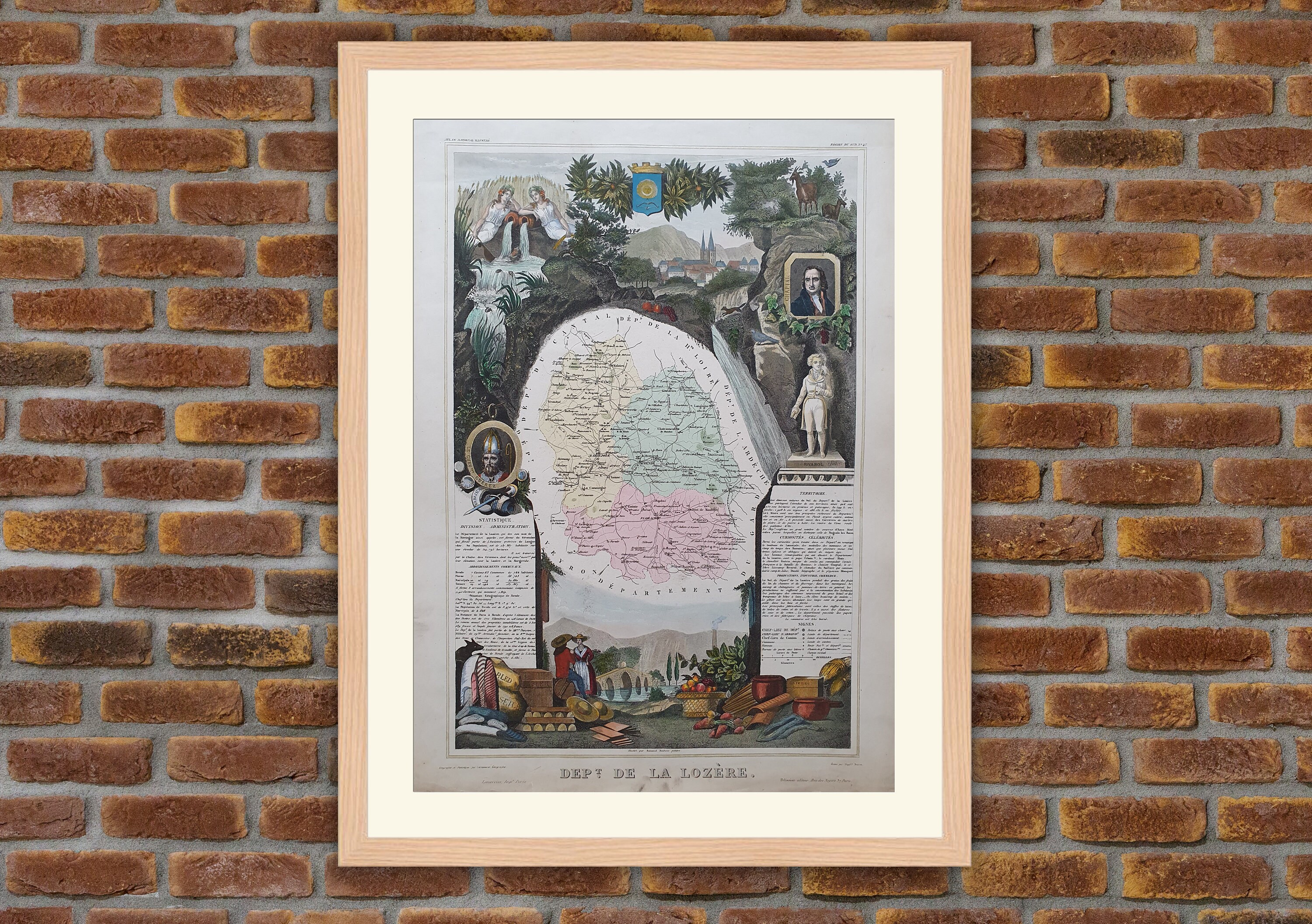 Carte Département Français - Lozère Gravure Couleurs 1850 Atlas National Levasseur