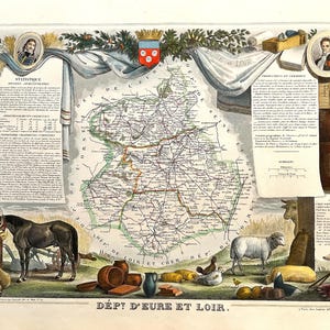 Carte du département de Eure et Loir - Gravure couleurs 1850 Atlas National Levasseur