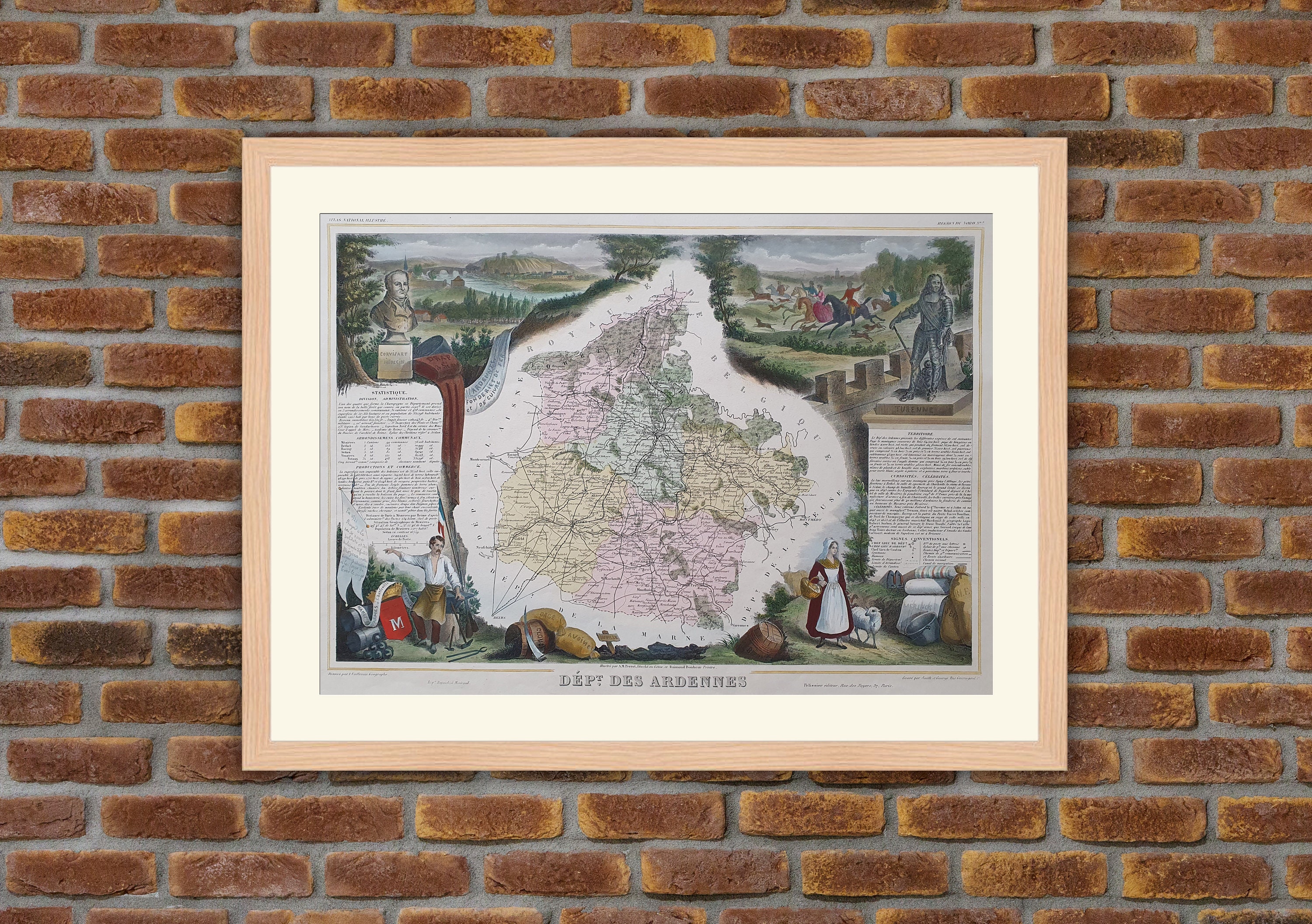 Carte Département Français - Ardennes Gravure Couleurs 1850 Atlas National Levasseur