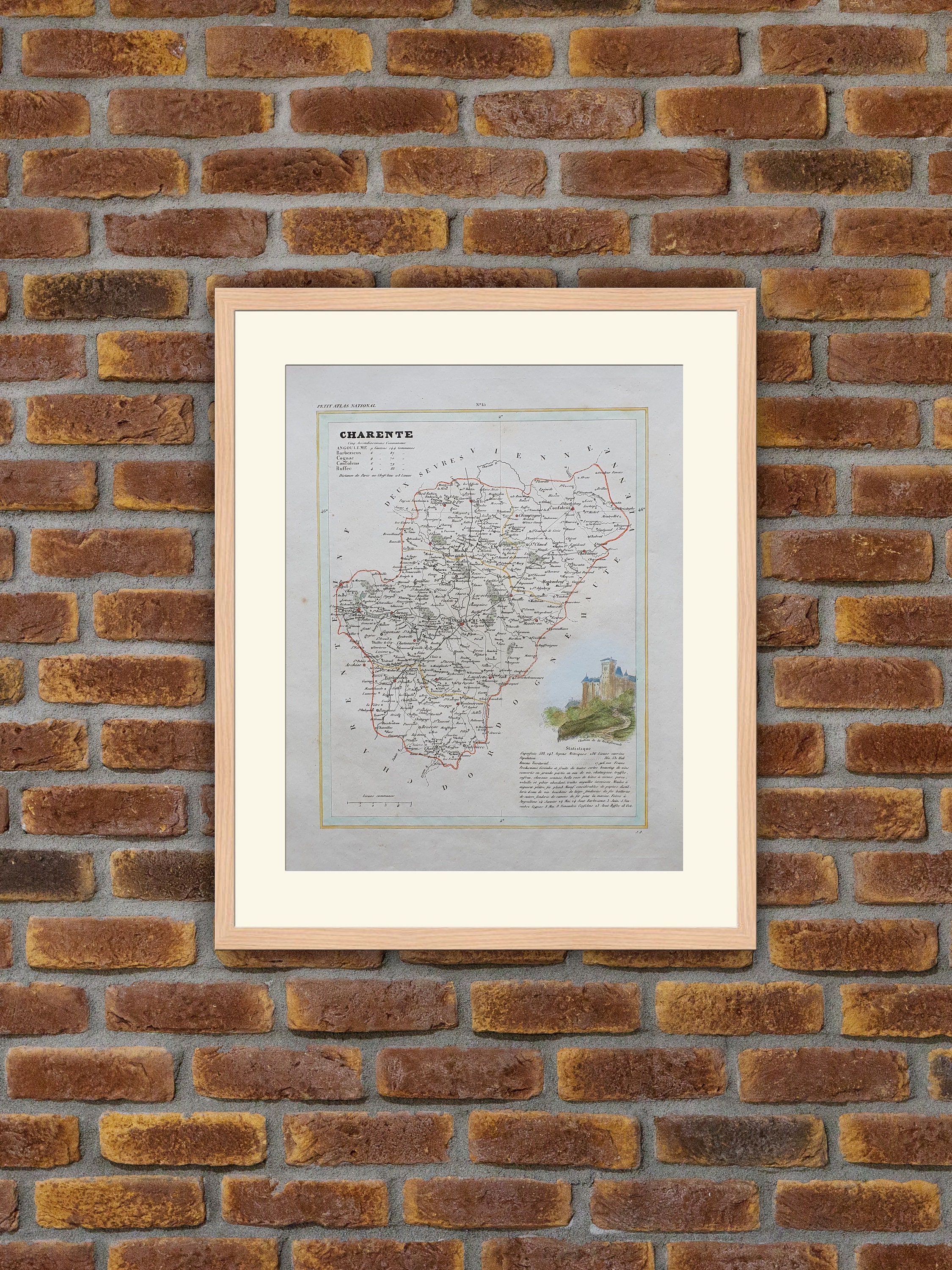 Carte de Département Français - Charente Gravure Couleurs 1833 Monin