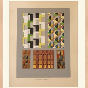 May include: A vintage design sheet with four different geometric patterns in black, white, green, yellow, brown, and gray. The sheet is titled "REMEDICUS "RELAIS" - 4".