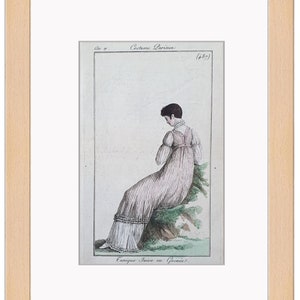 May include: A vintage illustration of a woman wearing a pink and white dress, sitting on a rock. The image is titled "Costume Parisien" and "Campagne Jaune en Guinee".