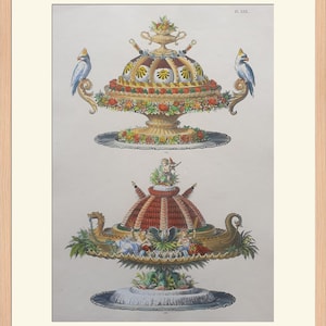 May include: Two antique illustrations of elaborate, multi-tiered food displays. The top illustration features a round, dome-shaped display with a crown-like top, decorated with fruit, flowers, and birds. The bottom illustration features a boat-shaped display with a dome-shaped center, decorated with fruit, flowers, and figures.