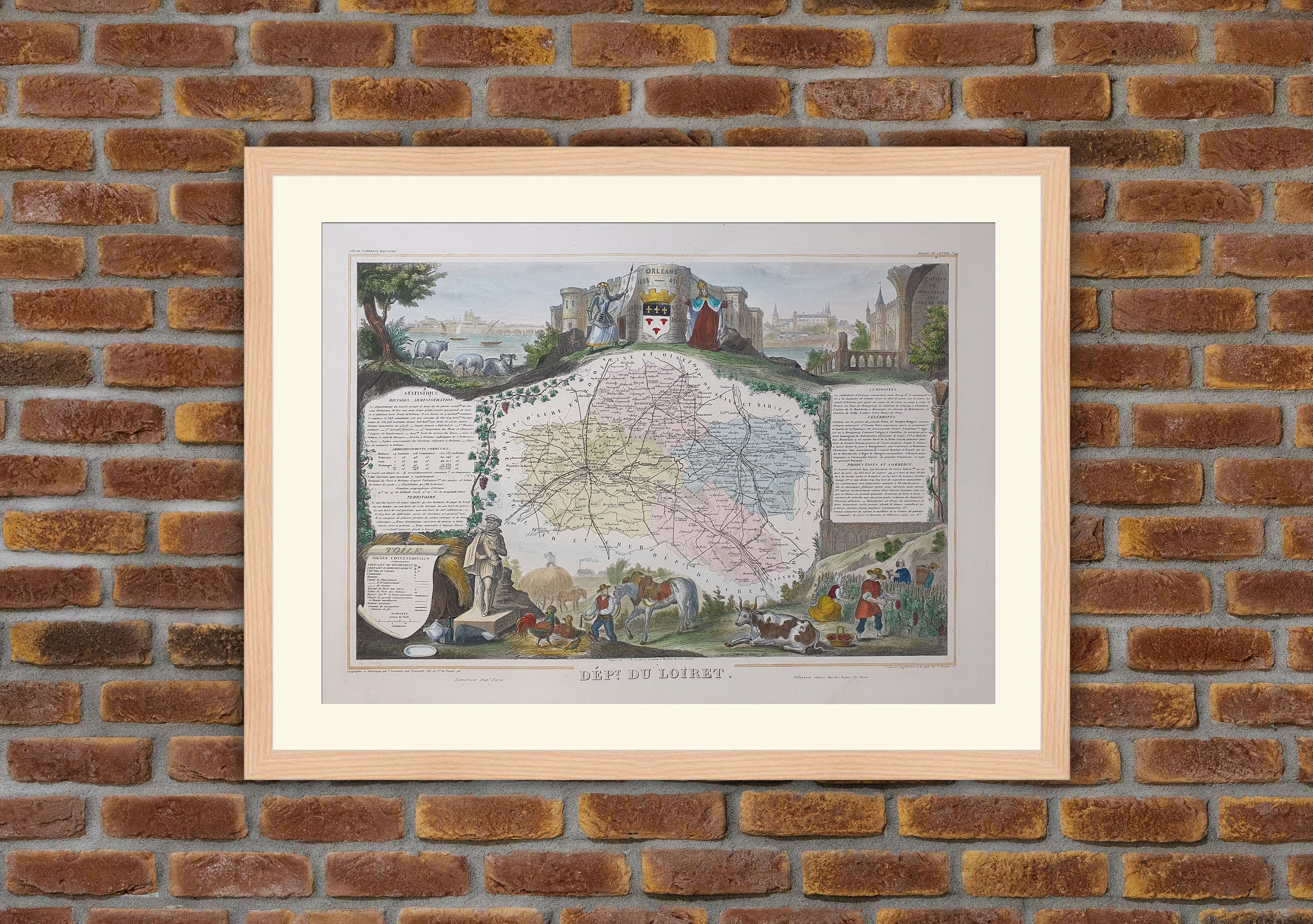 Carte Département Français - Loiret Gravure Couleurs 1850 Atlas National Levasseur