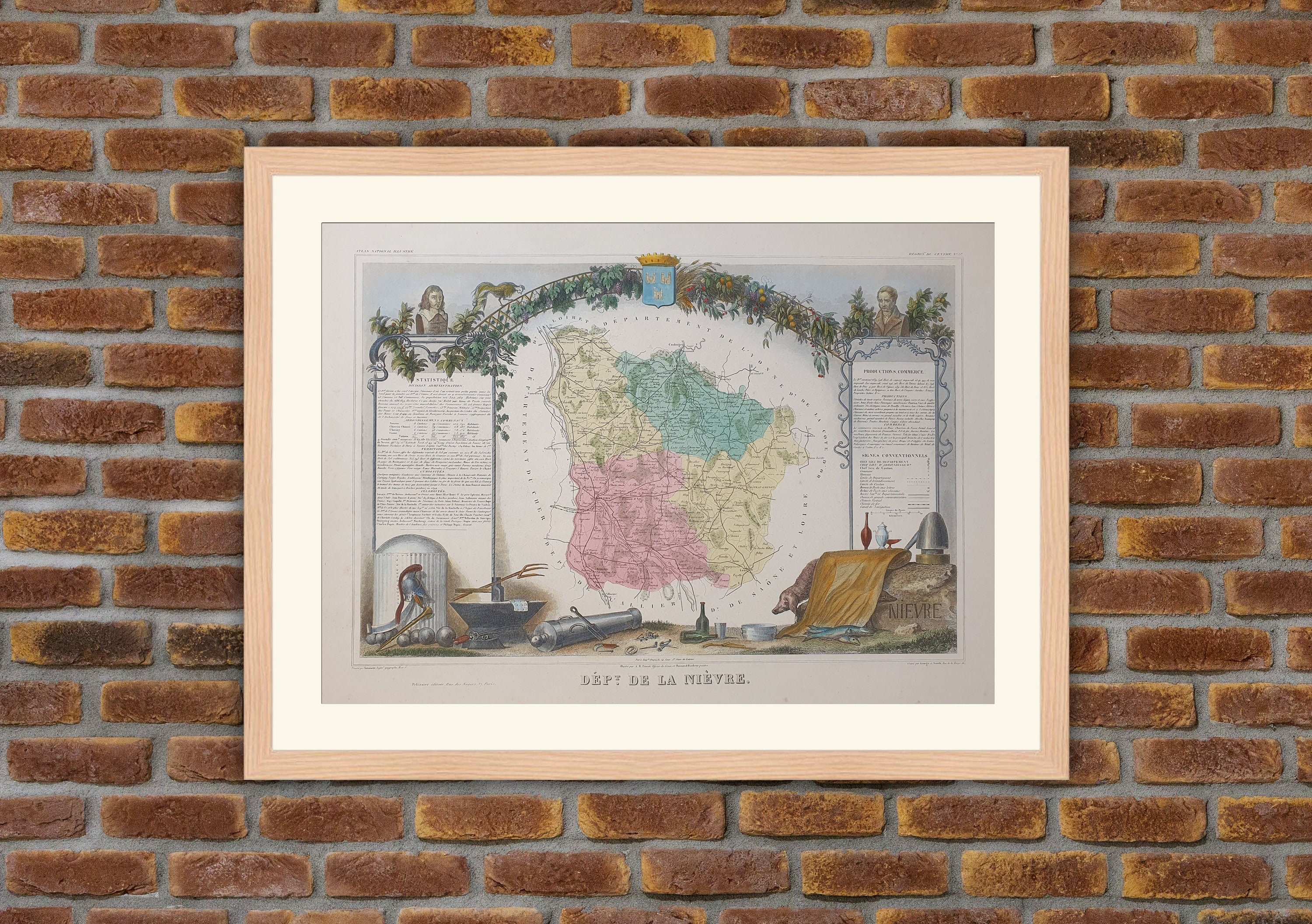 Carte Département Français - Nievre Gravure Couleurs 1850 Atlas National Levasseur
