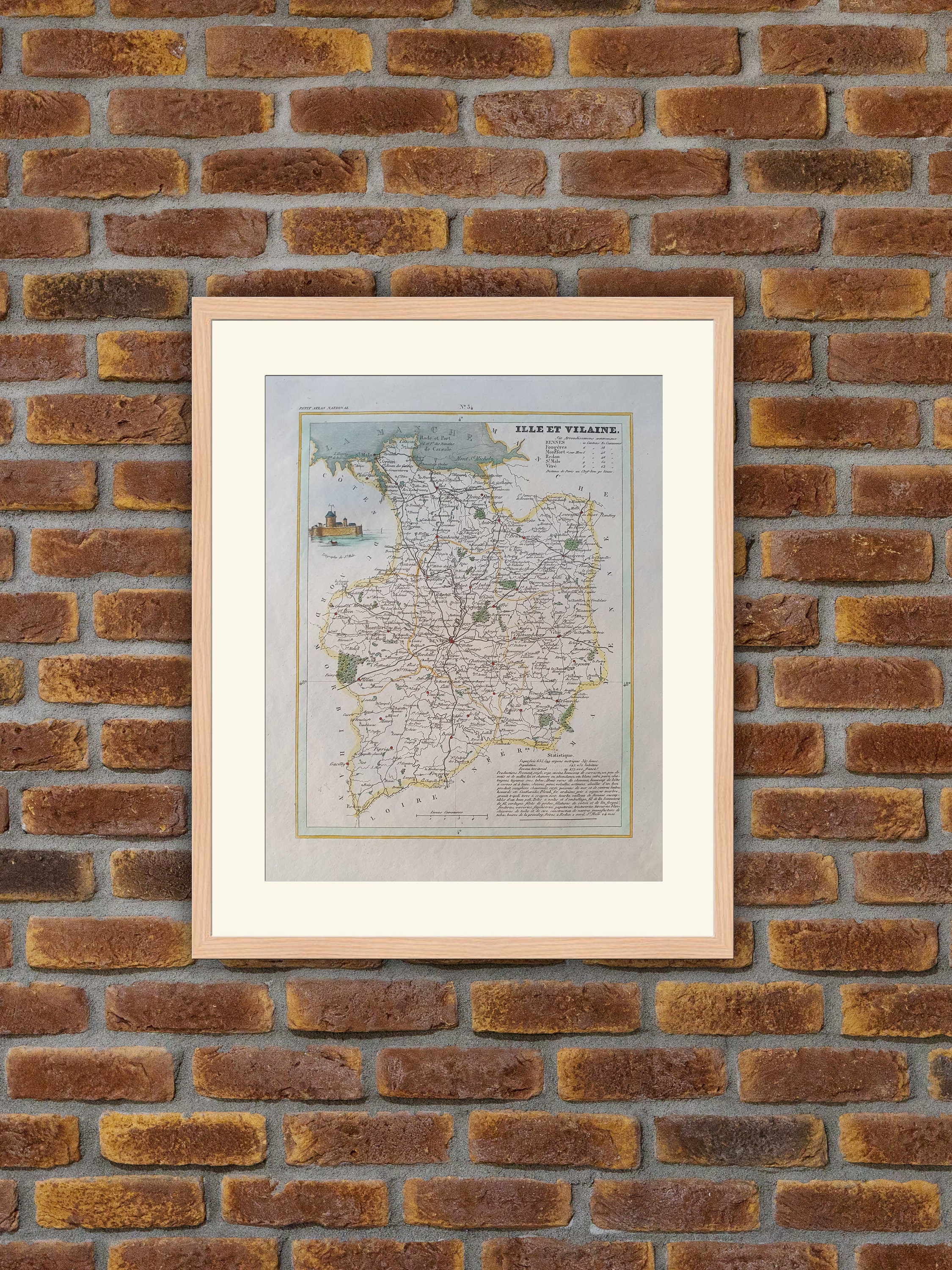 Carte de Département Français - Ille et Vilaine Gravure Couleurs 1833 Monin