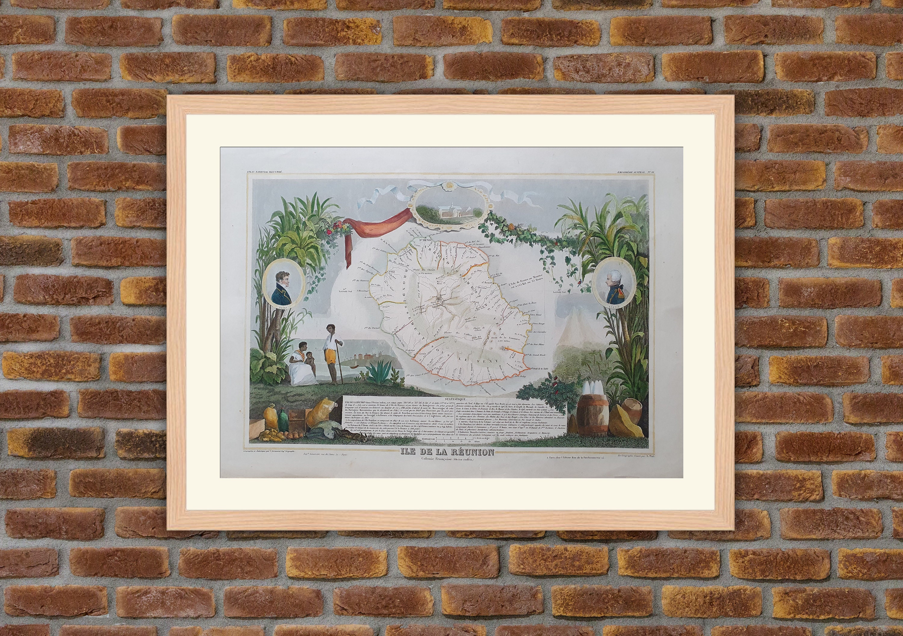 Carte Département Français - Ile de La Réunion Gravure Couleurs 1850 Atlas National Levasseur