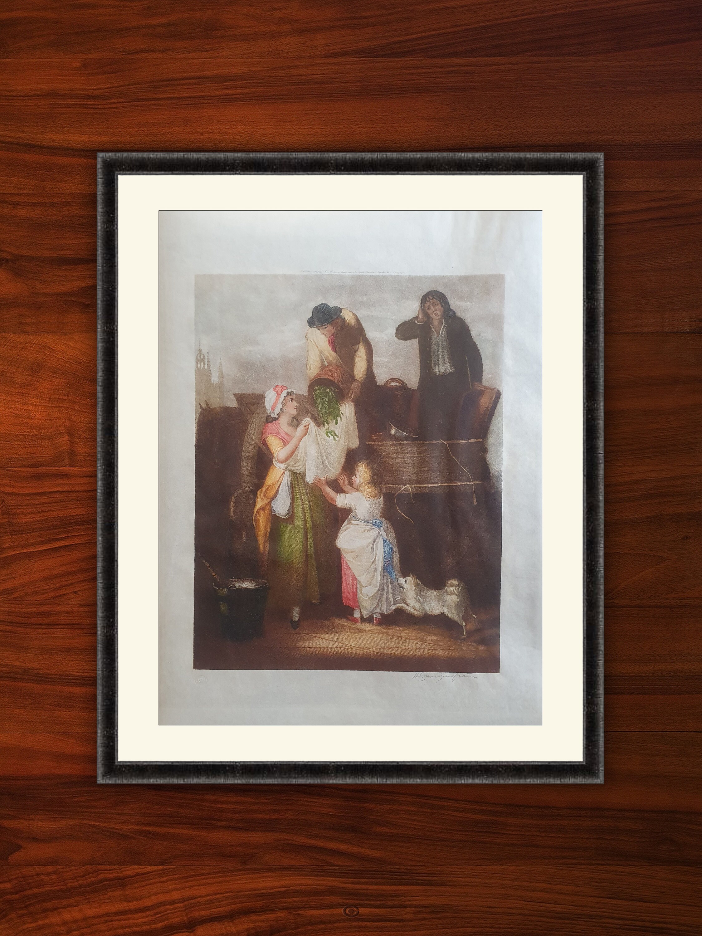 Peinture Xixe - Cris de Londres Francis Wheatley Marchands Rues Gathered Peas Gravure Couleurs Xixe