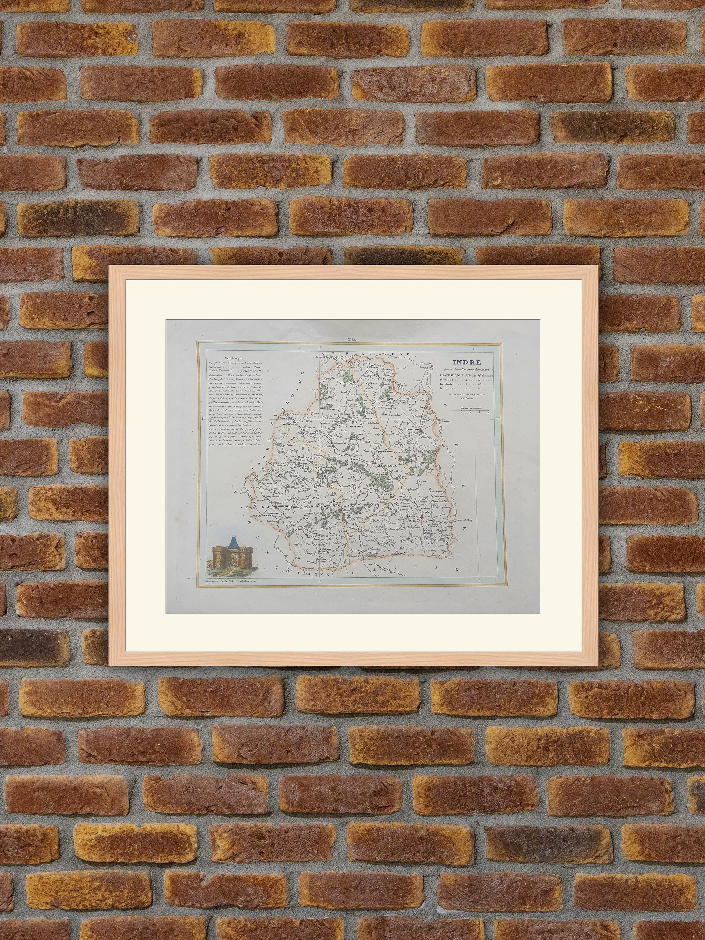 Carte de Département Français - Indre Gravure Couleurs 1833 Monin