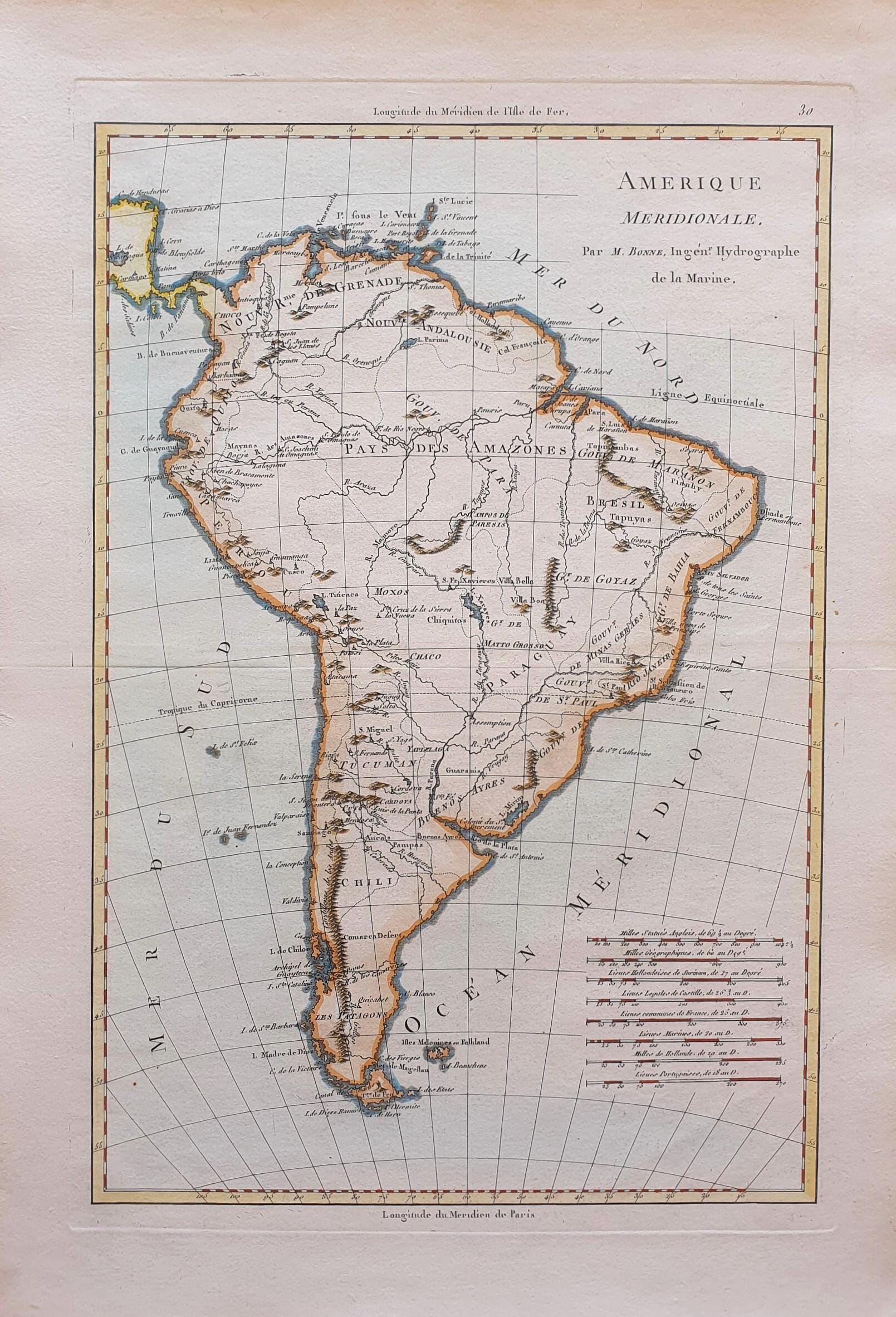 1762年 手彩色版画 - 地図 - 南アメリカ（チリ、パラグアイ、ブラジル
