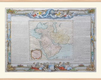 May include: An antique map of Persia, Turkey, and the surrounding regions, printed in black and white with hand-coloured details. The map is surrounded by a decorative border with figures and text in French. The title of the map is "Carte de la Turquie Asiatique et de la Perse" and the text below the map reads "Par le Sr. d'Anville."