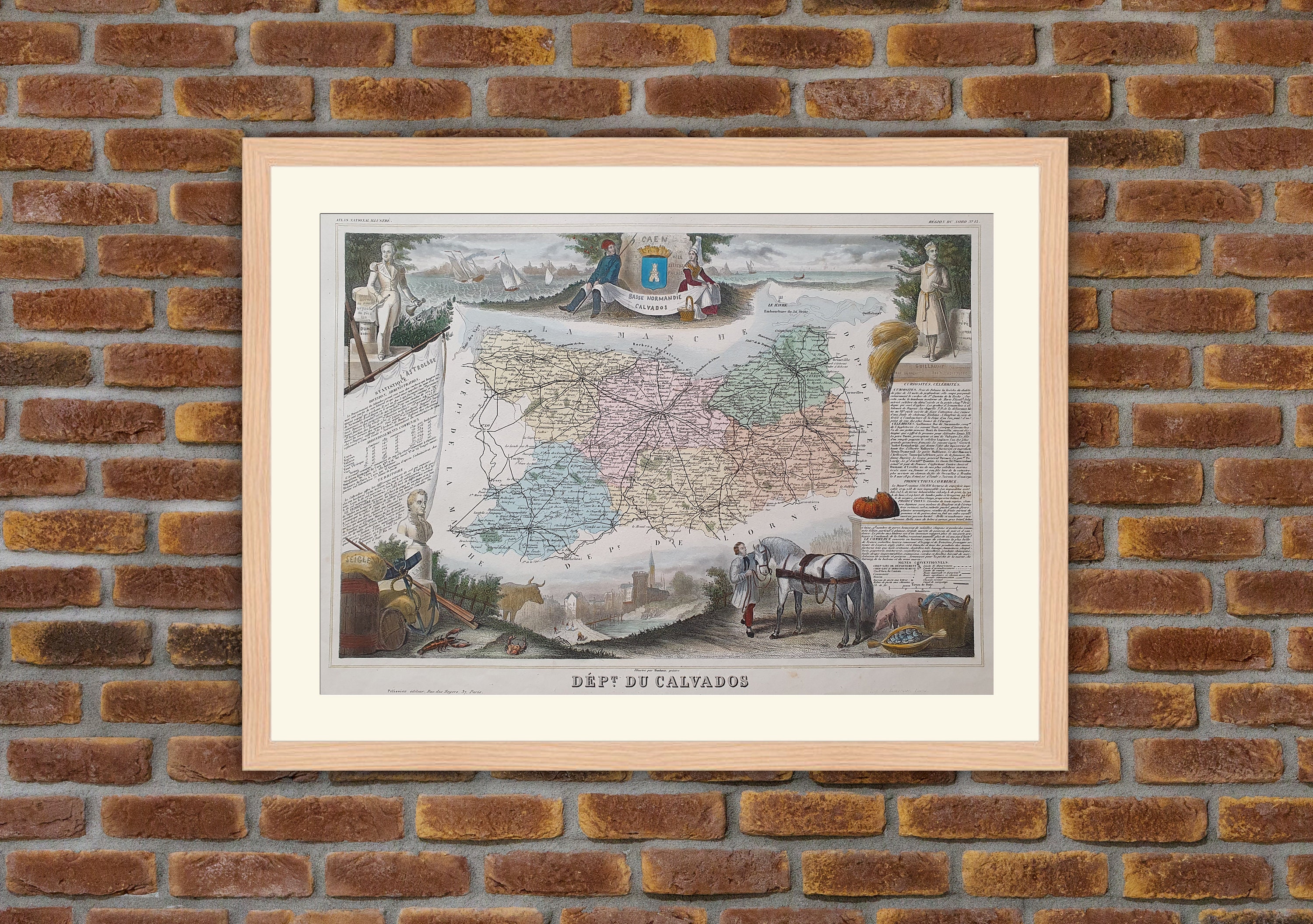 Carte Département Français - Calvados Gravure Couleurs 1850 Atlas National Levasseur