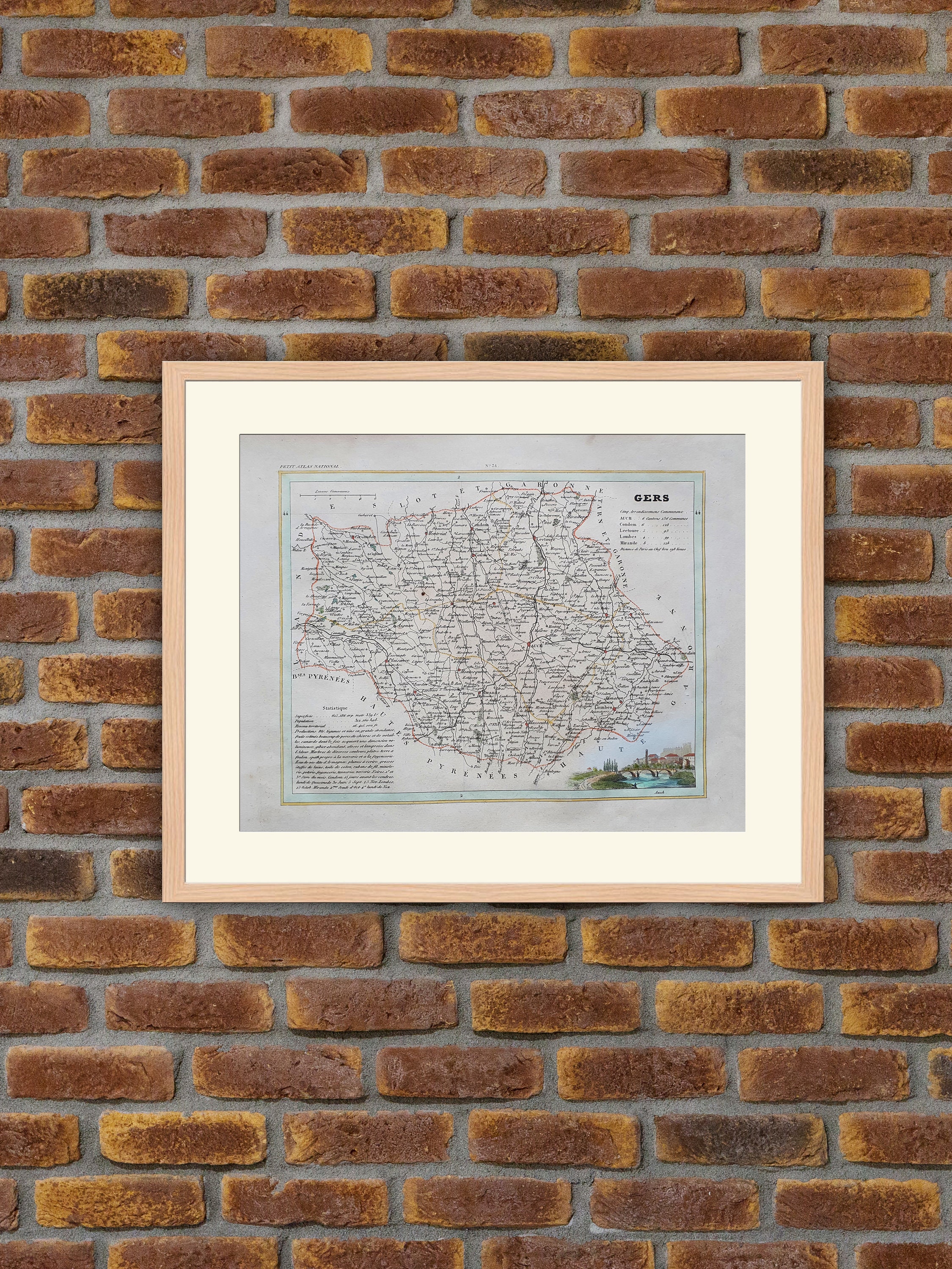 Carte de Département Français - Gers Gravure Couleurs 1833 Monin