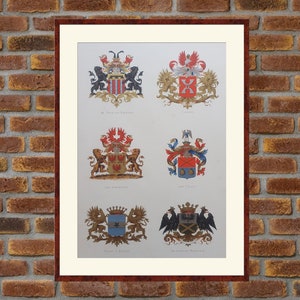 1880 Dutch heraldry [Houses: De Cocq van Haeften, Coenen, van Coeverden, van Collen, Collot d Escury, de Constant Rebecque] color lithograph