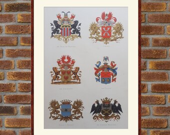 1880 Dutch heraldry [Houses: De Cocq van Haeften, Coenen, van Coeverden, van Collen, Collot d Escury, de Constant Rebecque] color lithograph