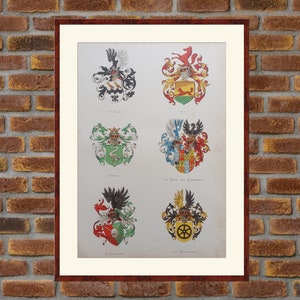 1880 Dutch heraldry [Houses: De Vogel, Vos, Vreede, de Vries van Doesburgh, Vriesendorp, van Wageningen] lithograph Vorsterman Van Oijen