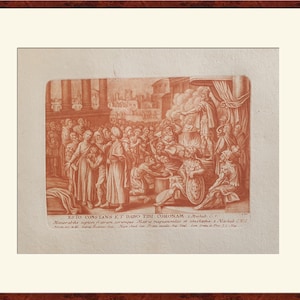 Peut inclure: Une estampe vintage rouge et blanche représentant une scène historique montrant un groupe de personnes rassemblées autour d'un bûcher enflammé. Le texte "ESTO CONSTANS ET DABO TII CORONAM.Marhab. C." est imprimé sous l'image.