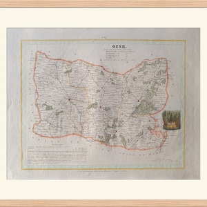 Pode incluir: Um mapa antigo da região de Oise na França, impresso em preto e branco com detalhes coloridos à mão. O mapa mostra cidades, rios e estradas. O título "Oise" está impresso no topo do mapa.