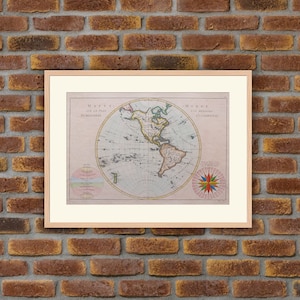 Gravure 1762 - Cartographie - Atlas - Mappemonde sur le Plan d’un méridien Hémisphère Occidental (Amériques. Nouvelle Zélande) - R. BONNE
