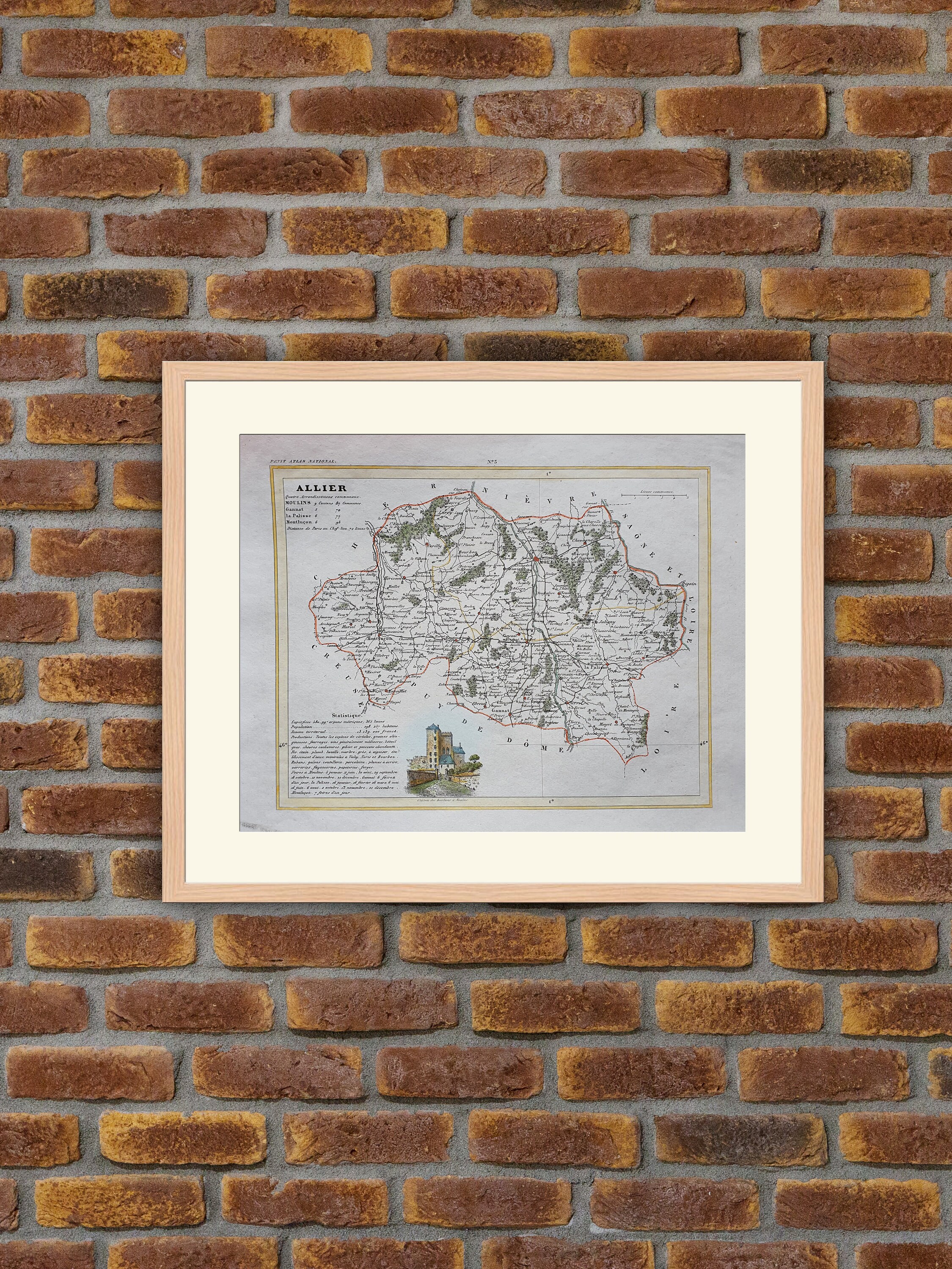 Carte de Département Français - Allier Gravure Couleurs 1833 Monin