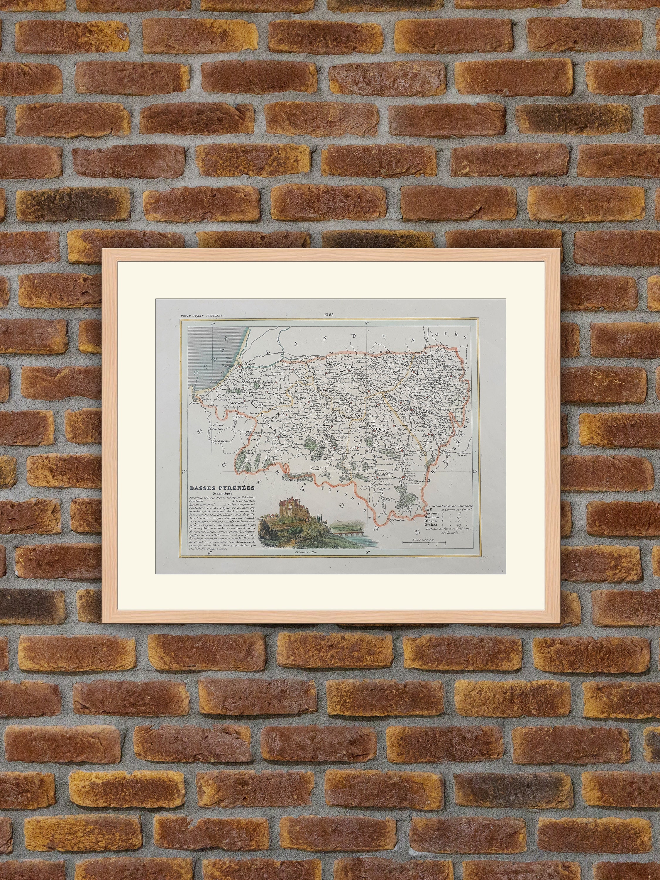 Carte de Département Français - Basses Pyrenees Gravure Couleurs 1833 Monin