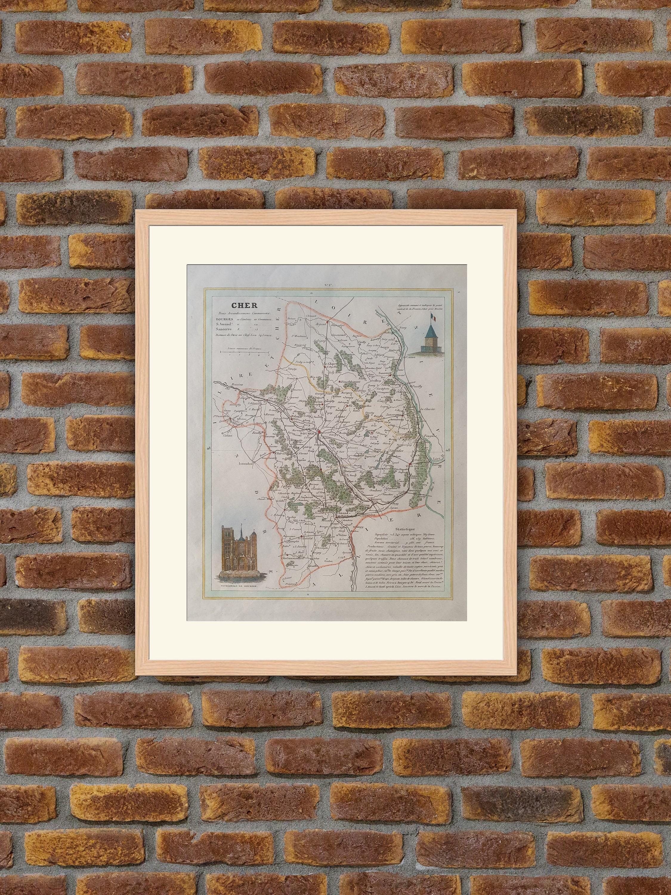 Carte de Département Français - Cher Gravure Couleurs 1833 Monin