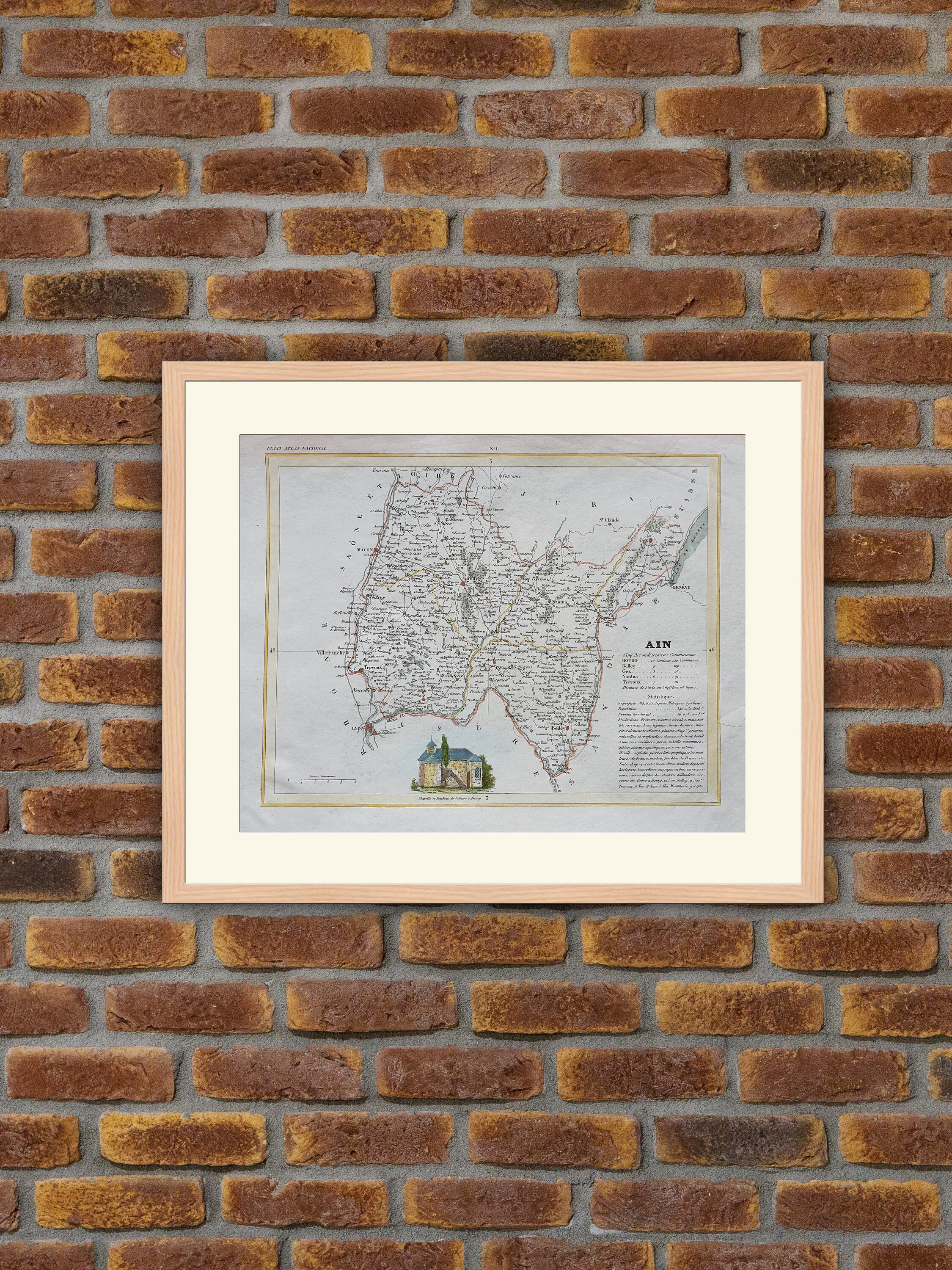 Carte de Département Français - Ain Gravure Couleurs 1833 Monin