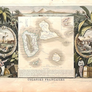 Puede incluir: Mapa antiguo de las colonias francesas en América, con una ilustración geográfica detallada de las islas. El mapa está enmarcado por elementos decorativos, incluyendo ilustraciones de un molino de viento, personas y follaje tropical. Se muestra el título "COLONIES FRANCAISES".