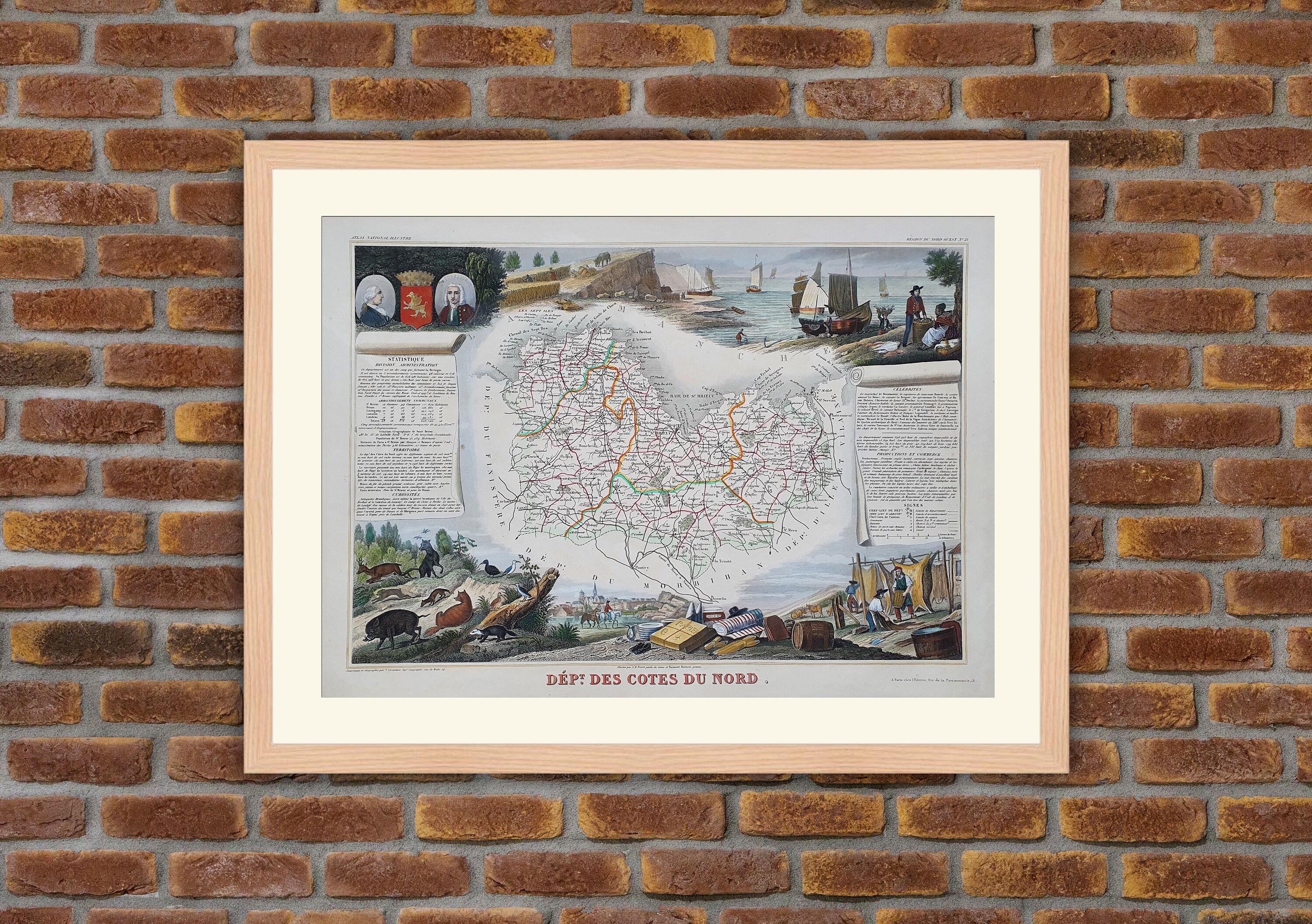 Carte Département Français - Côtes Du Nord | Côtes-D'armor Gravure Couleurs 1850 Atlas National Leva