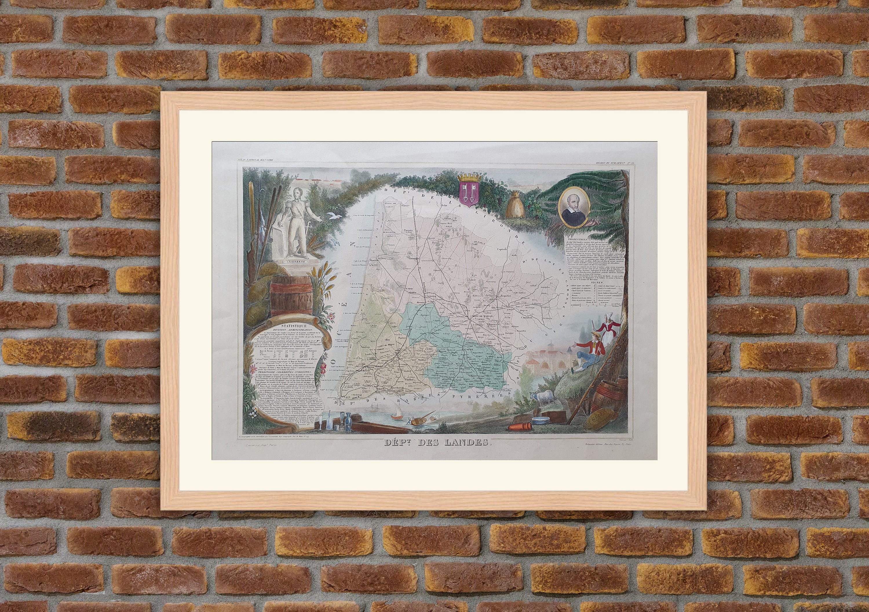 Carte Département Français - Landes Gravure Couleurs 1850 Atlas National Levasseur